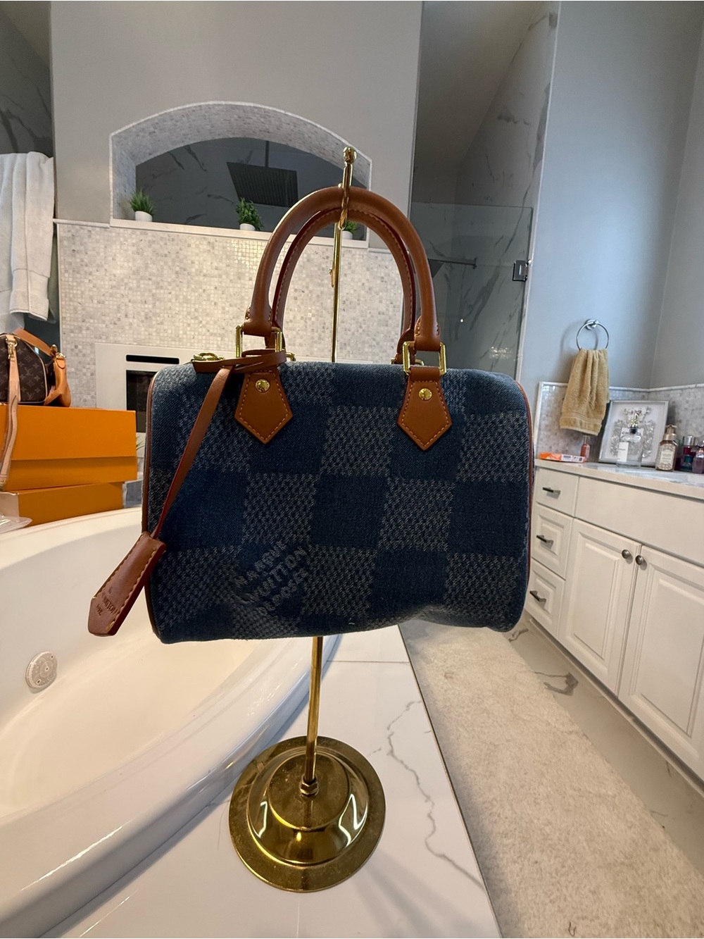 Louis Vuitton Blue Denim Damier Shoulder Bag with Tan Leather